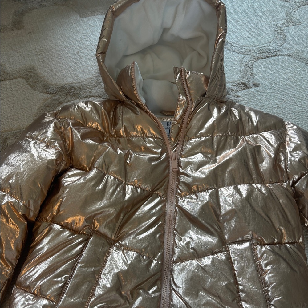 GAP Kids Gold/Pink Puffer Winter Jacket with cozy fleece lining.
